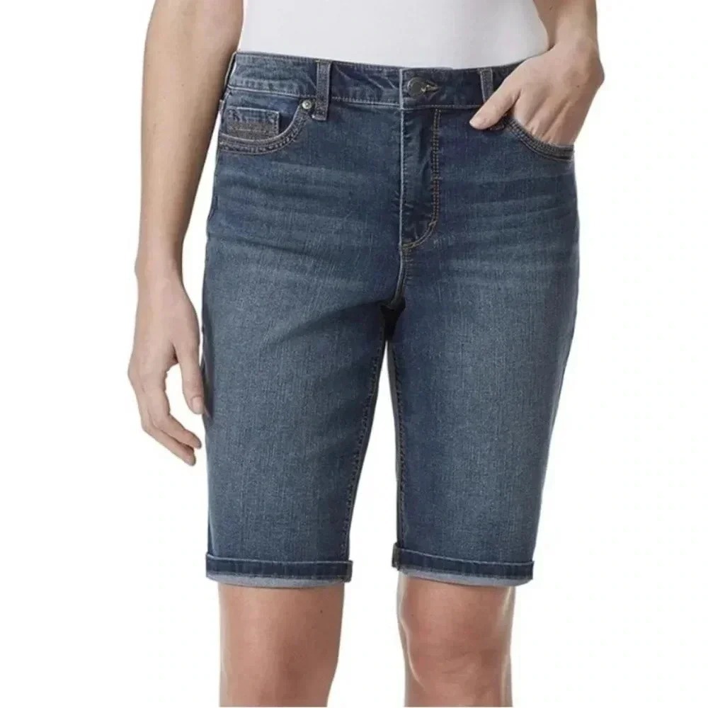 Bandolino Riley Womens 20W Dark Wash Denim Bermuda Shorts Stretch Mid Rise‎